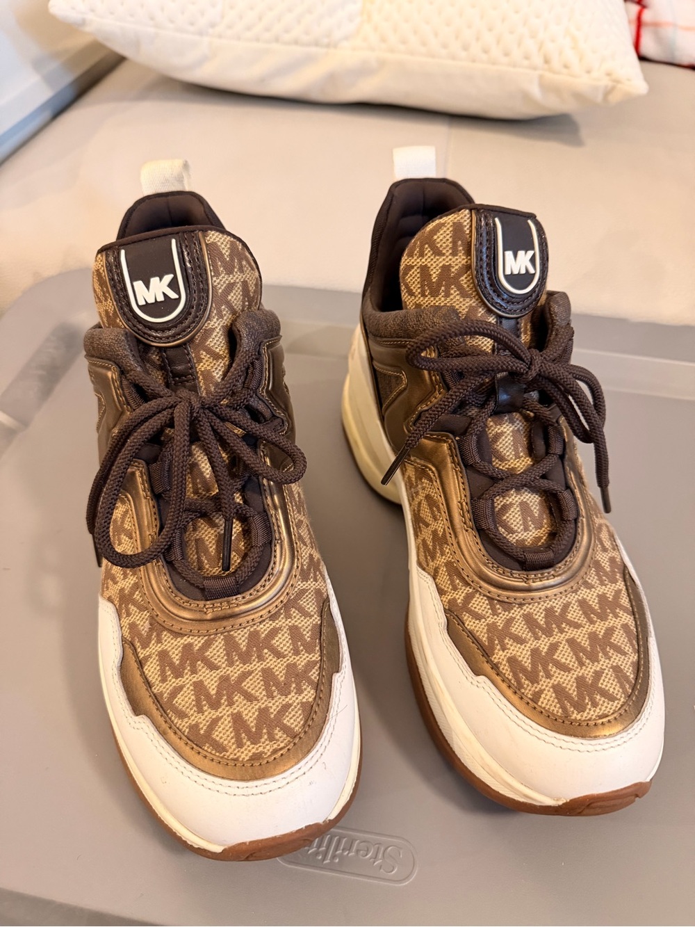 Michael Kors Brown and White MK Logo Kids Sneakers